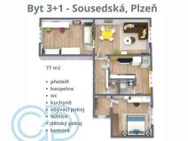 Prodej bytu 3+1, Plzeň - Lobzy, Sousedská, 77 m2