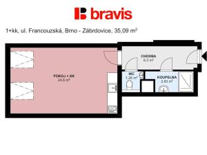 Pronájem bytu 1+kk, Brno, Francouzská, 35 m2