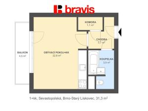 Prodej bytu 1+kk, Brno, Sevastopolská, 31 m2