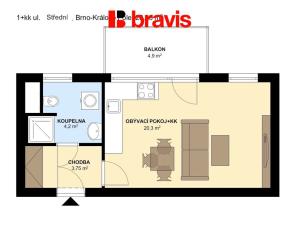 Pronájem bytu 1+kk, Brno - Ponava, Střední, 37 m2
