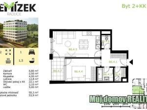 Pronájem bytu 2+kk, Praha - Radlice, U Komína, 54 m2