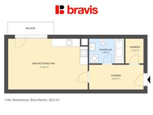 Pronájem bytu 1+kk, Brno - Komín, Absolonova, 34 m2
