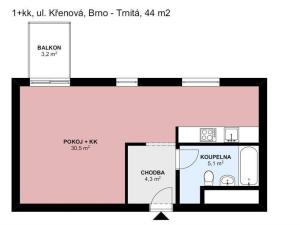 Pronájem bytu 1+kk, Brno, Křenová, 44 m2