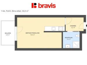 Pronájem bytu 1+kk, Brno, Poříčí, 26 m2