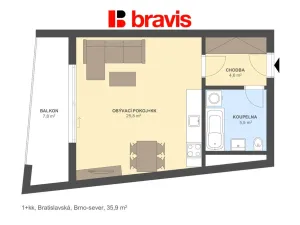 Pronájem bytu 1+kk, Brno - Zábrdovice, Bratislavská, 36 m2
