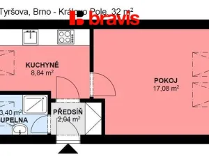 Pronájem bytu 2+kk, Brno, Tyršova, 32 m2