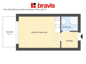 Pronájem bytu 1+kk, Brno - Královo Pole, Božetěchova, 23 m2