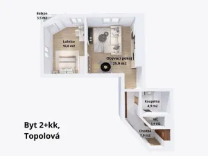 Pronájem bytu 2+kk, Olomouc - Slavonín, Topolová, 56 m2