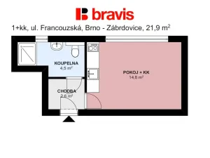 Pronájem bytu 1+kk, Brno, Francouzská, 22 m2