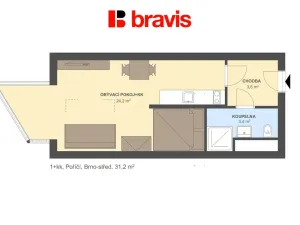 Pronájem bytu 1+kk, Brno - Pisárky, Poříčí, 31 m2