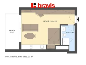 Pronájem bytu 1+kk, Brno - Pisárky, Vinařská, 33 m2