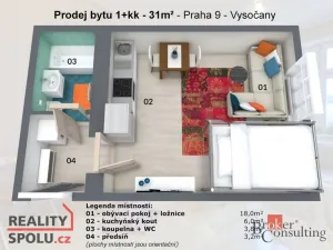 Pronájem bytu 1+kk, Praha - Vysočany, Novovysočanská, 31 m2