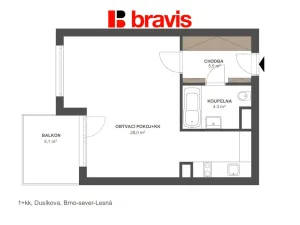Pronájem bytu 1+kk, Brno - Lesná, Dusíkova, 38 m2
