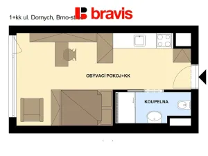 Pronájem bytu 1+kk, Brno - Trnitá, Dornych, 24 m2