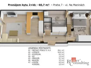 Pronájem bytu 2+kk, Praha - Holešovice, Na Maninách, 60 m2