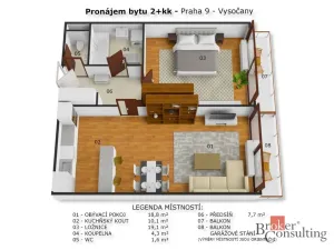 Pronájem bytu 2+kk, Praha - Vysočany, Paříkova, 60 m2