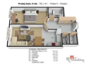 Prodej bytu 2+kk, Praha - Chodov, Šternovská, 55 m2