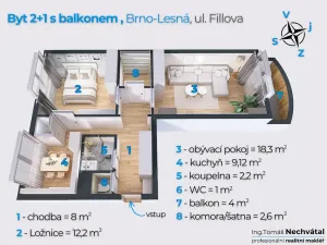 Prodej bytu 2+1, Brno - Lesná, Fillova, 55 m2