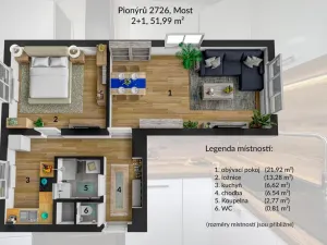 Pronájem bytu 2+1, Most, Pionýrů, 55 m2