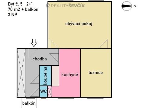Pronájem bytu 2+1, České Budějovice - České Budějovice 7, Komenského, 70 m2